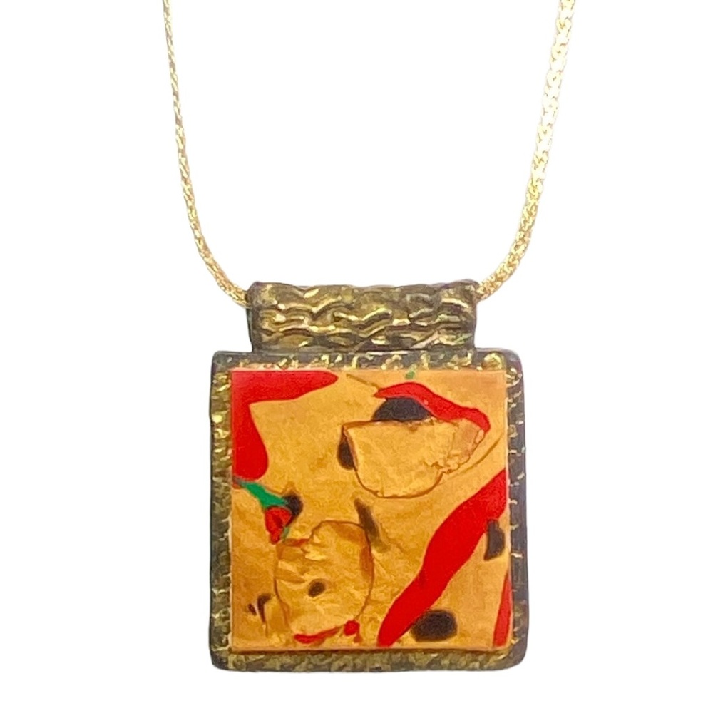 Polymer Clay Pendant Necklace Gold Red Black Handmade ABFAB Jewelry